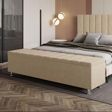 Imagem de Calçadeira Baú Recamier Estofado Ônix 195 cm King Linho Estrutura Madeira Bege para Quarto