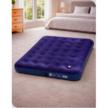 Imagem de Colchão Inflável Casal Mor Aveludado Azul com Inflador de Pé Camping
