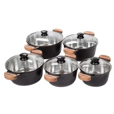 Imagem de Jogo de panela alumínio grosso fundido preto tampa de vidro - DIVIFORT