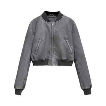 Imagem de Jaqueta Feminina Vintage De Couro PU Estilo Moto Com Gola O E Zíper, C