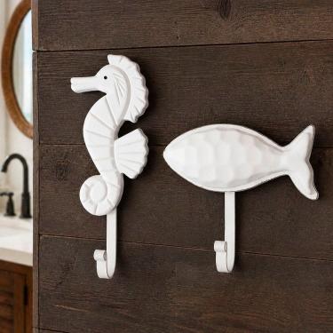Imagem de Porta Toalha de Parede Kit 2 Peças Cabideiro Decorativo Peixe e Cavalo Marinho para Casa Praia Branco