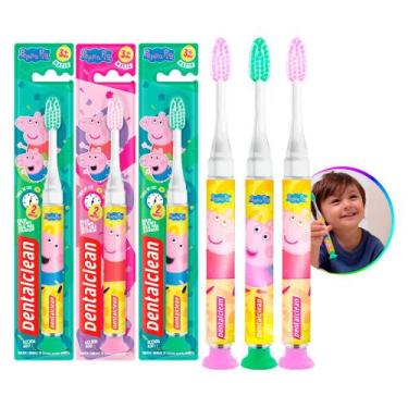 Imagem de Kit 3 Escova de Dente com Luz Led Peppa Pig Infantil Timer Rosa Verde 