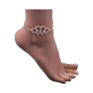 Imagem de Pulseira De Tornozelo Feminina Com Coração Duplo De Cristal Brilhante 