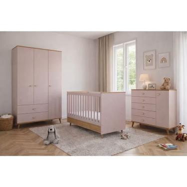 Imagem de Conjunto Infantil Ternura com Berço 2 em 1 Guarda Roupa 3 Portas Cômoda 5 Gavetas MDP Rosa Bartira Móveis