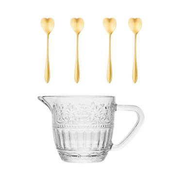 Imagem de Kit Leiteira e Colheres Kit Leiteira Cristal 230ml e 4 Colheres Coração Douradas Servir Leite e Chá Cristal e Aço Inox