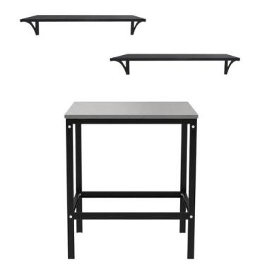 Imagem de Kit 2 Prateleiras M 57cm Preta + Mesa Preta Tampo Inox - INOX LAURINDO