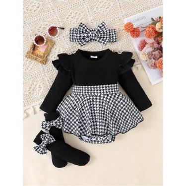 Imagem de Conjunto De Saia E Faixa De Cabelo Em Preto Houndstooth Para Bebês Men