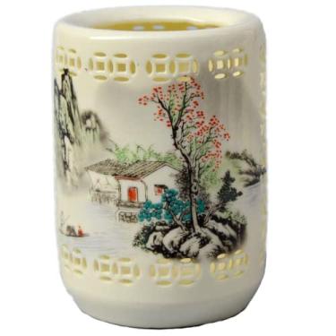 Imagem de Jingdezhen Porta-canetas de porcelana oca de cerâmica 11,6 cm, ornamentos decorativos
