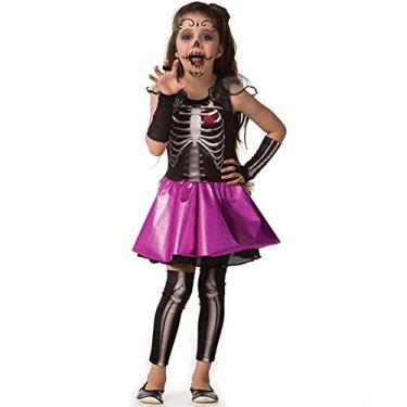 Imagem de Fantasia de Halloween Infantil Feminina Esqueletinha Caveira Com Luva e Meia Calça M 5-8