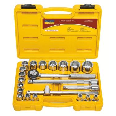 Imagem de Jogo de Soquetes Estriados Encaixe 1/2" Tramontina em Aço Cromo Vanádio com Acabamento Cromado e Maleta 22 Peças Tramontina