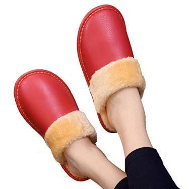 Imagem de Chinelos de pelúcia antiderrapantes, chinelos de algodão de inverno, sapatos femininos grossos quentes de algodão arrastar para casa desenho animado strass chinelos peludos 39 vermelho