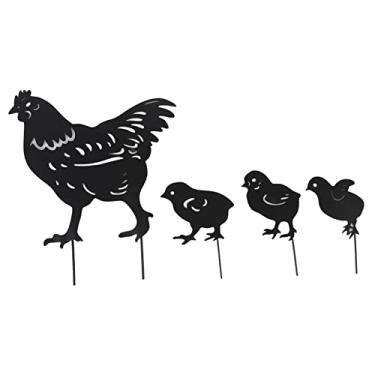 Imagem de ornamento de escultura de galinha de inserção de jardim,4 peças estacas de metal de arte de quintal de galinha, estátua de metal em forma de galinha, silhueta de gramado de família de galinha arte de