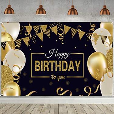 Imagem de Banner de Fundo Happy Birthday Extra Grande Preto e Dourado Blulu - Aniversário - Poliéster - 185 cm x 110 cm