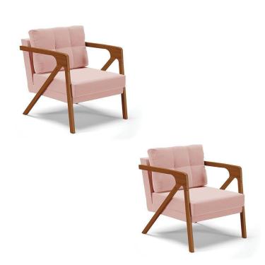 Imagem de Kit 02 Poltronas Veludo Base De Madeira Castanho Rose