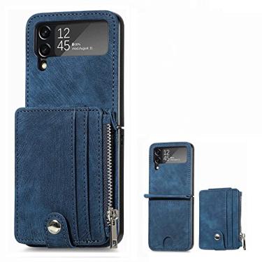 Imagem de Capa de cartão removível para Samsung Z Flip4 capa de telefone dobrável capa protetora pu carteira slots de cartão capa de telefone, azul, para samsung Z flip4