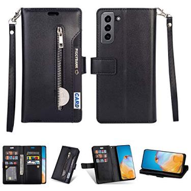 Imagem de Capa para Samsung Galaxy S21, carteira de couro PU Folio Flip Case Bolso com Zíper Slots para Cartão Fecho Magnético Capa Protetora à Prova de Choque com Alça de Pulso para Samsung Galaxy S21 (Preto)