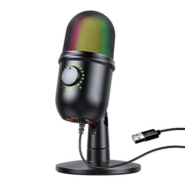 Imagem de LAURAG Microfone condensador rgb cardióide usb mic com efeito de iluminação colorido um botão mudo monitoramento em tempo real com suporte de mic de mesa para computador portátil transmissão ao vivo