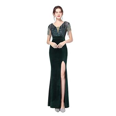 Imagem de Vestido de noite feminino plus size sereia vestidos de noiva veludo longo colado ao corpo com fenda lateral vestido de noite formal, verde, GG (44)