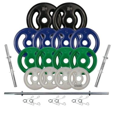 Imagem de Kit Anilhas Emborrachadas 60 Kg + Barras Com Presilhas-Feminino