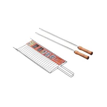 Imagem de Conjunto de Grelha para Peixe e Espetos Simples Utimil em Aço Cromado, Aço Inox e Madeira – 3 Peças