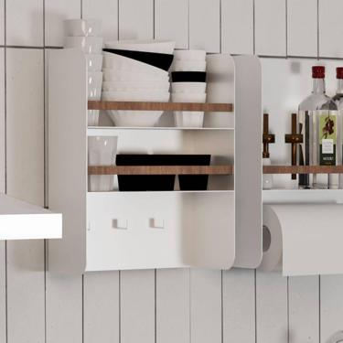 Imagem de Porta Temperos em Aço Carbono Branco e Madeira C/ Porta Papel - 40cm Linha Home