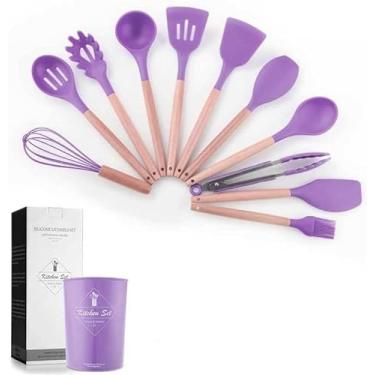 Imagem de Conjunto De Utensílios De Cozinha, 12 Peças, Conjunto De Panelas, Antiaderente, Resistente Ao Calor, Silicone, Cabo De Madeira, Utensílios De Cozinha, Conjunto De Ferramentas De Cozinha,Roxo,Sensa