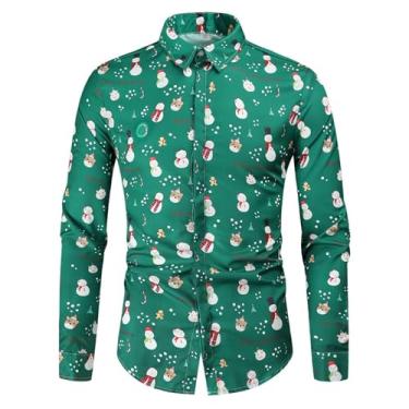 Imagem de Camisetas masculinas de Natal estampadas com gola larga e manga comprida com botões, Cor 1, M