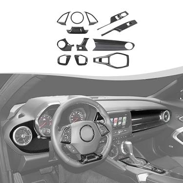 Imagem de SQQP Kit de acabamento de decoração de interiores de fibra de carbono 12 peças para Chevrolet Camaro 2017-2023, acabamento de console central, interruptor Wndow, suporte de ar condicionado, tampa de