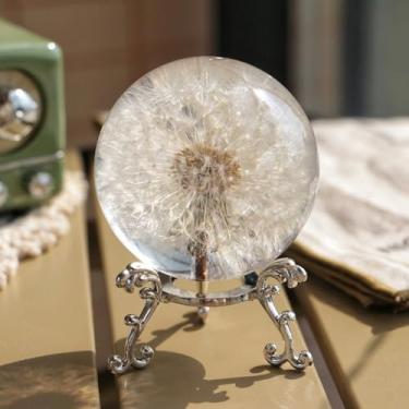 Imagem de Peso de papel de dente-de-leão real de 60 mm, bola de cristal de resina de dente-de-leão com suporte, presente de decoração de casa para escritório, mesa de trabalho, presente para pai, mãe, professor