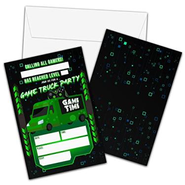 Imagem de Convites de aniversário de videogame com envelopes - Cartão de convite de festa de caminhão de jogo para meninos/meninas - Cartões de convites de preenchimento neon Glow - Celebração de festa de jogos