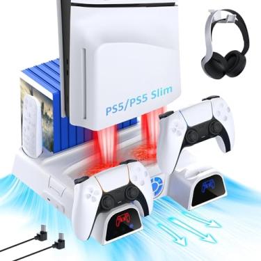 Imagem de Suporte ps5 com estação de resfriamento e carregador de controlador playstation 5 estação de carregador de controlador duplo para console ps5 com 3 níveis de velocidade de ventiladores ajustáveis