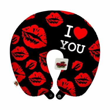 Imagem de Almofada de pescoço viagem I love you kiss black  namorados lembrança