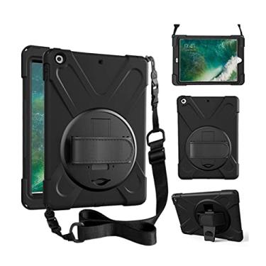 Imagem de Capa ZenRich para iPad 9.7 2017/2018 - Rotação de 360 Graus com Suporte, Alça de Mão e Alça de Ombro, Capa Híbrida de 3 Camadas Resistente à Prova de Choque para iPad 9.7 5ª Geração, Preto