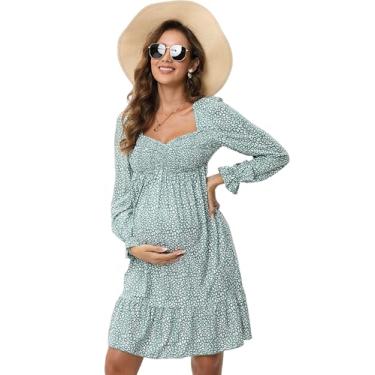 Imagem de FUNJULY Vestido feminino de manga comprida para gestantes, casual, decote coração, babados, evasê, mini vestidos curtos soltos para chá de bebê, greenleplong P, Greenleplong, P