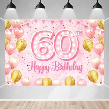 Imagem de Banner de feliz aniversário de 60 anos, tema rosa, balões de ouro rosa, decoração de fundo de confete para princesas meninas nobres elegantes festa de aniversário cabine de fotos lembrancinhas