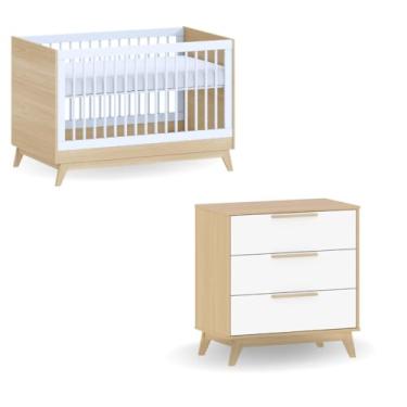 Imagem de Berço e Cômoda Infantil Branco com Carvalho Quater Móveis