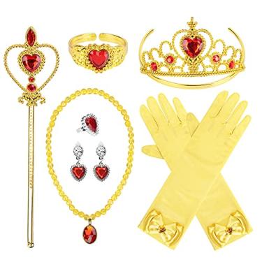 Imagem de Acessórios de festa de vestido de princesa para fantasia de princesa, luvas, tiara, colar, brincos, pulseira e anel, conjunto de 9 peças (amarelo, conjunto de 7, 9 peças)