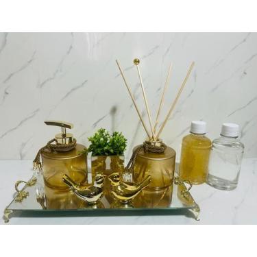 Imagem de Kit Lavabo Luxo Dourado Gold 6 Peças Aromatizador Sabonete - Ateliê Cr