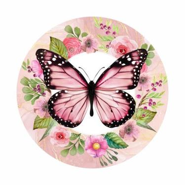 Imagem de Painel de Tecido Sublimado Redondo Borboleta Rosa Aro de Flores Aquare