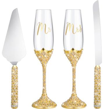 Imagem de Sratte Conjunto de 4 facas de bolo de casamento e taças de champanhe, brinde de cristal com strass, taças de champanhe, facas de bolo, servidor de torta, presentes de casamento para casal, noiva e noivo (dourado)