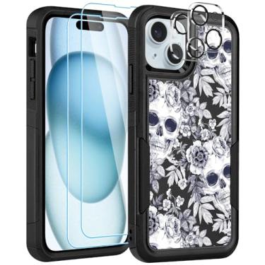 Imagem de LOQUPE [Capa 5 em 1 para iPhone 15, com 2 protetores de tela + 2 protetores de lente de câmera, capa protetora resistente e resistente, leve, fina à prova de choque para mulheres, caveira fofa