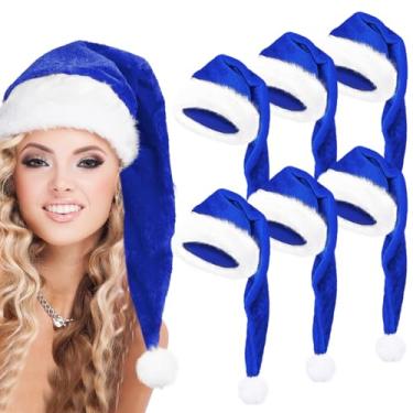 Imagem de zzhxkjhky Pacote com 6 chapéus de veludo longo de Natal chapéu de veludo de Papai Noel chapéu de pelúcia longo de luxo para homem e mulher festa de família de Natal, decoração de Natal para chapéu de Papai Noel de luxo colorido (6, azul)