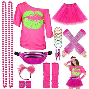 Imagem de WILDPARTY Acessórios de fantasia dos anos 80 para mulheres, camiseta tutu pochete faixa de cabeça brinco colar luvas arrastão polainas, Allpink, XX-Large