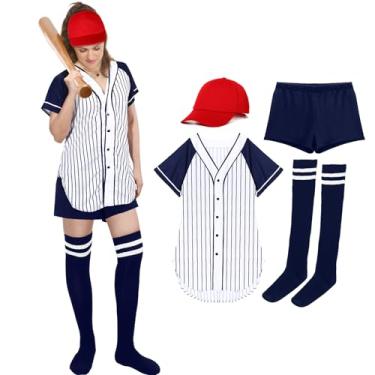 Imagem de Newcotte 4 peças de fantasia feminina de jogador de beisebol chapéu de árbitro vermelho azul calça curta listrada camisa meia para esporte jogo cosplay, Multicolorido., Large