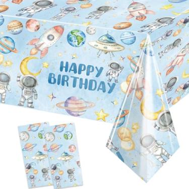 Imagem de Pacote com 2 toalhas de mesa para festa de aniversário espacial, primeira viagem ao redor do sol, duas toalhas de mesa da lua para meninos chá de bebê 1º 2º 3º 4º 5º 6º aniversário capa de mesa 274 x