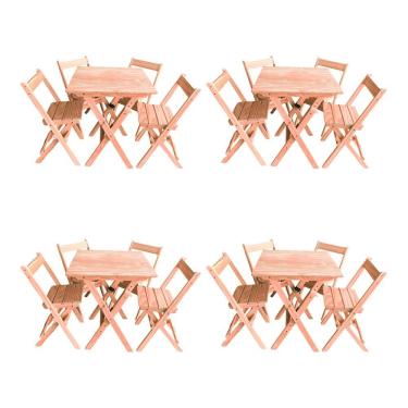 Imagem de Kit 4 Conjuntos Mesa Dobrável 70x70cm Para Bar Com 4 Cadeiras Em Madeira Maciça - Cru