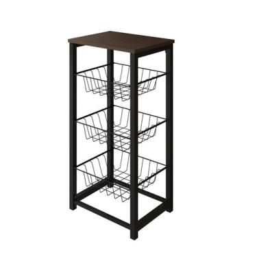 Imagem de Fruteira de Chão Cozinha Desmontada Aço Preto Cesto Preto Tampo Amendo