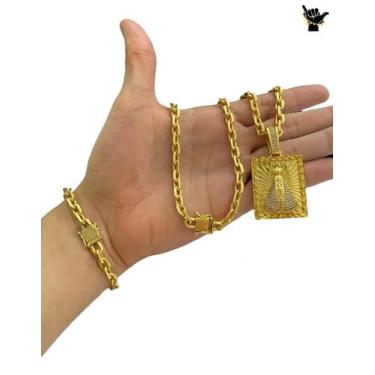 Imagem de Corrente Cadeado 6mm + Pulseira + Pingente - Banhado a Ouro - ToJoia18