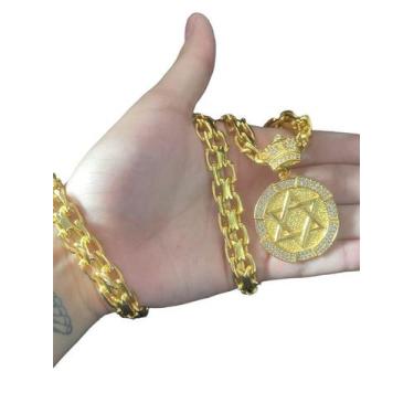 Imagem de Cordão Cadeado Duplo 13mm + Estrela De Davi - Banhado A Ouro - ToJoia1