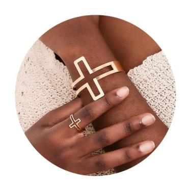 Imagem de Conjunto Kit de Anel e Pulseira Cruz Dourado Elegante Luxo - anjo da m
